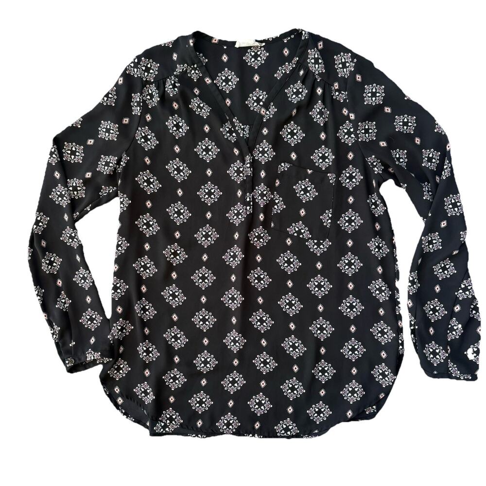 Pleione Women’s Patterned Blouse Pink Black Long Sleeve Medium